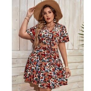 Shein Red Tropical Two Piece Tie Top and Skirt Set Women’s Size 1X NWOT Vacay